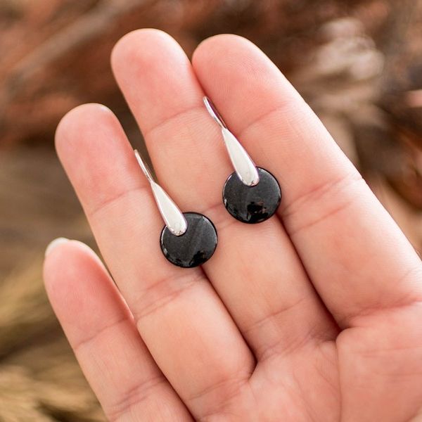 Alternate image for Minimalist Silver Drop Earrings with Black Jade Stones Black Circle of Love