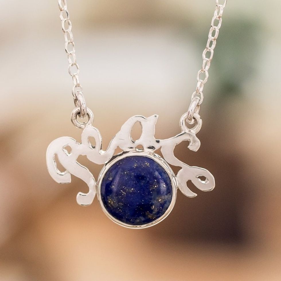 Sterling Silver Lapis Lazuli World Peace Theme Necklace 'World of Peace'