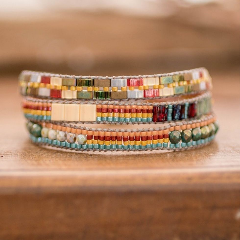 Handmade Multicolor Glass Beaded Strand Wristband Bracelet 'Solar Festival'