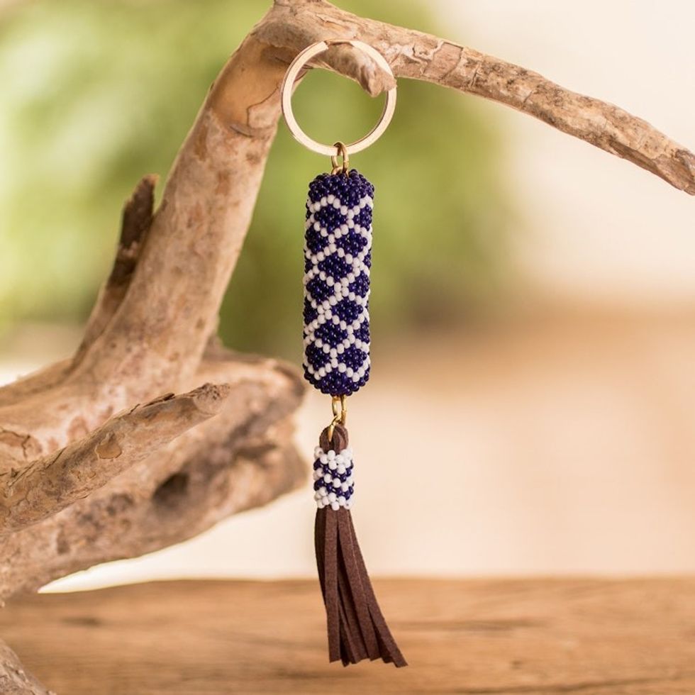 Beaded Leather Keychain and Bag Charm Handmade in Guatemala 'Diamond Blue'