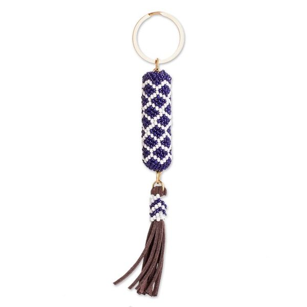Alternate image for Beaded Leather Keychain and Bag Charm Handmade in Guatemala Diamond Blue