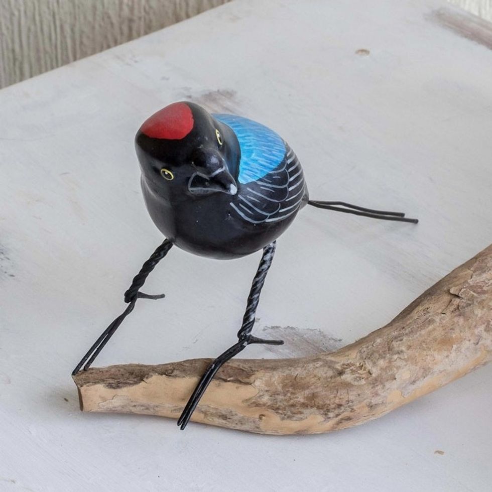 Colorful Hand Painted Bird Sculpture 'Long-tailed Manakin'