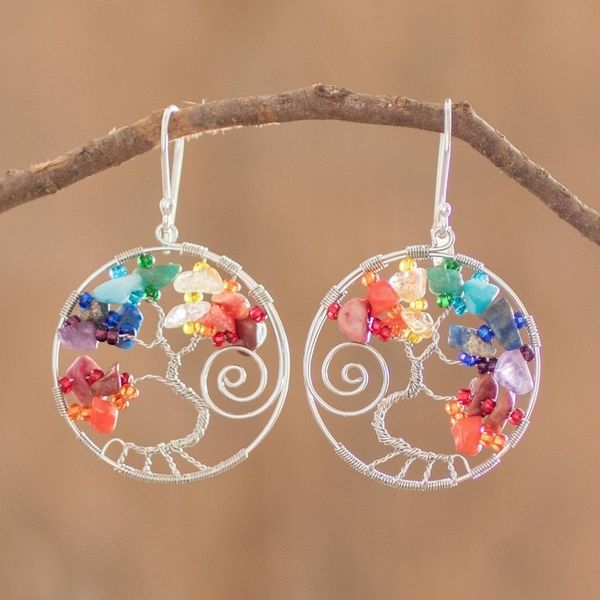 Alternate image for Tree of Life Themed Dangle Earrings With Beads and Gems Crystal Tree of Life