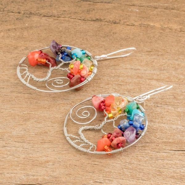 Alternate image for Tree of Life Themed Dangle Earrings With Beads and Gems Crystal Tree of Life