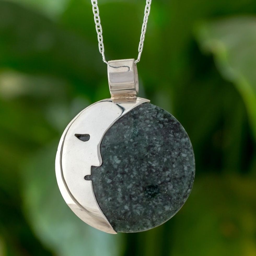 Guatemalan Jade Crescent Moon Pendant Necklace 'Face of the Moon in Dark Green'