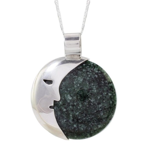 Alternate image for Guatemalan Jade Crescent Moon Pendant Necklace Face of the Moon in Dark Green