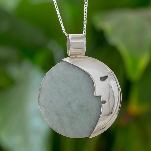 Alternate image for Guatemalan Jade Crescent Moon Pendant Necklace Face of the Moon in Dark Green