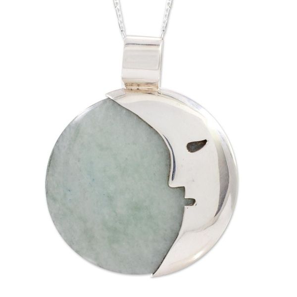 Alternate image for Guatemalan Jade Crescent Moon Pendant Necklace Face of the Moon in Dark Green