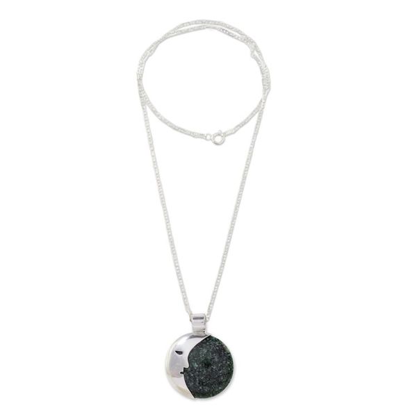 Alternate image for Guatemalan Jade Crescent Moon Pendant Necklace Face of the Moon in Dark Green