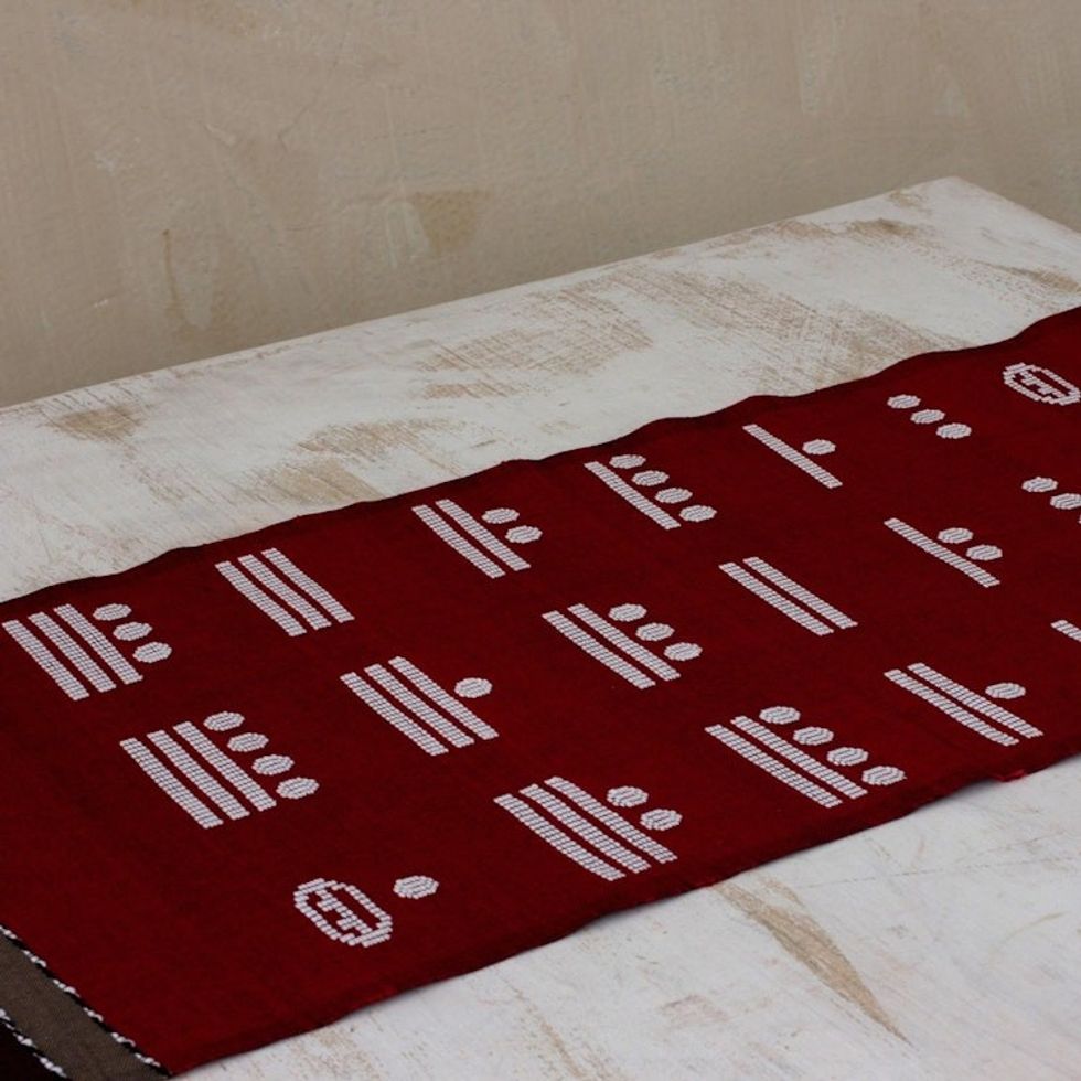 Handwoven Red Cotton Table Runner with Maya Numbers 'Red Maya Math'