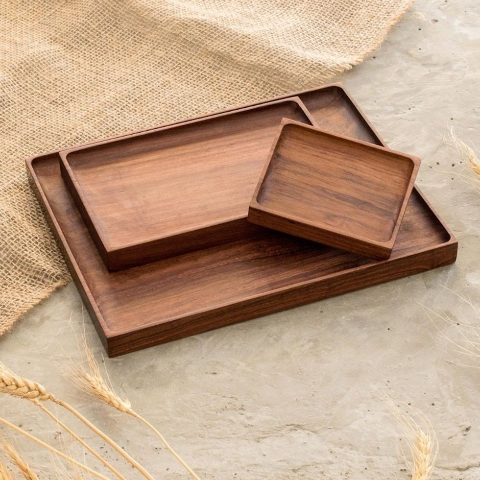 Graduated Size Wood Serving Trays Set of 3 'At Your Service'