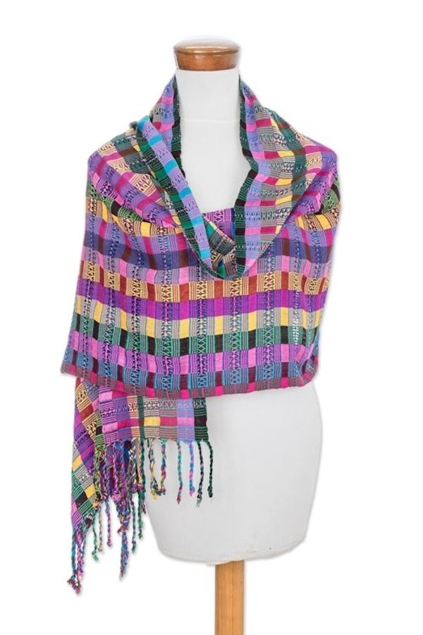 Alternate image for Colorful Cotton Shawl Crafted in Guatemala San Juan Fiesta