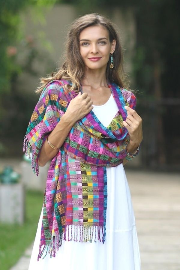 Alternate image for Colorful Cotton Shawl Crafted in Guatemala San Juan Fiesta