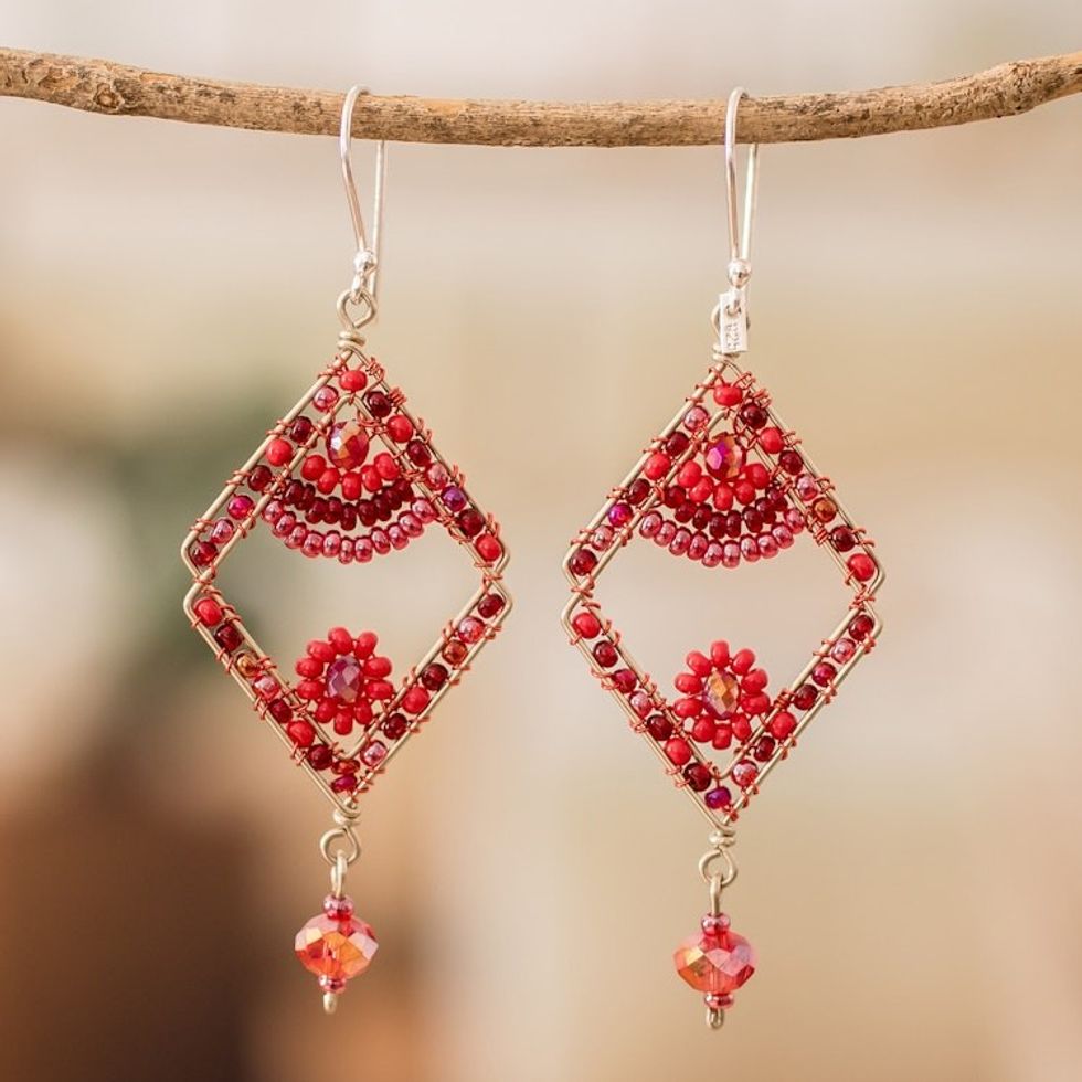 Diamond-Shaped Red Crystal and Glass Beaded Dangle Earrings 'Passion Kite'