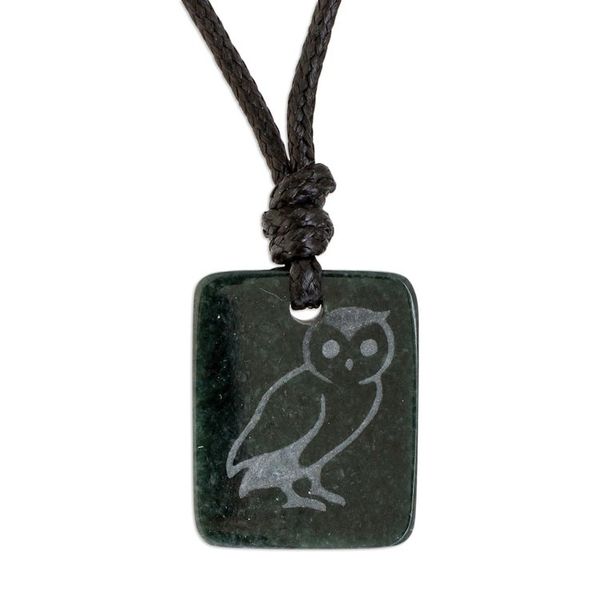 Alternate image for Dark Green Jade Owl Pendant Necklace from Guatemala Perceptive Owl
