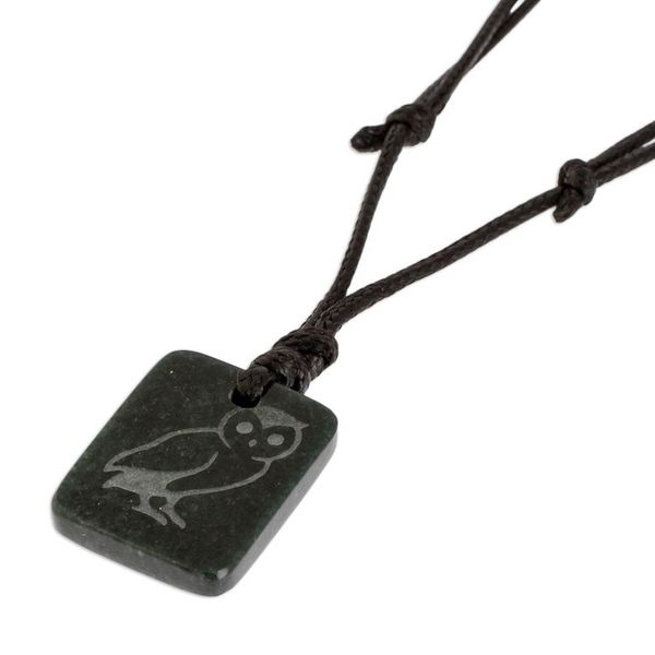 Alternate image for Dark Green Jade Owl Pendant Necklace from Guatemala Perceptive Owl