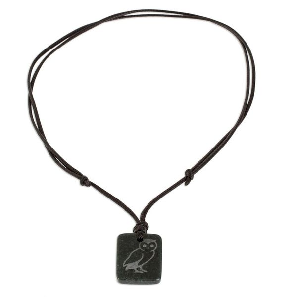 Alternate image for Dark Green Jade Owl Pendant Necklace from Guatemala Perceptive Owl