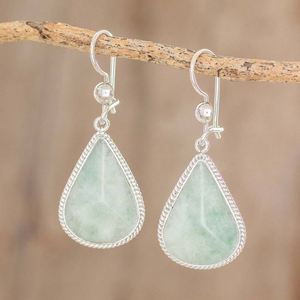 Drop-Shaped Apple Green Jade Dangle Earrings from Guatemala 'Apple Green Dimensional Drops'
