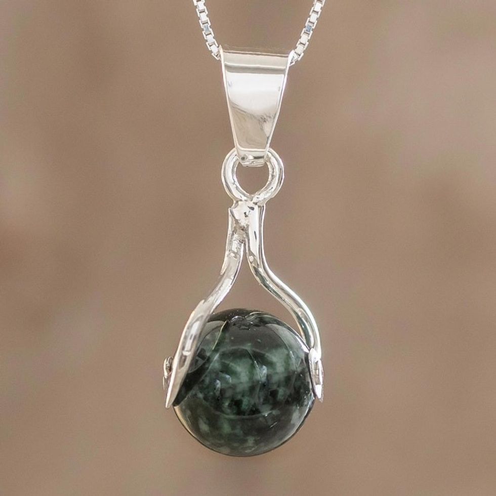 Hand Made Modern Sterling Silver Pendant Jade Necklace 'Dark Maya World'