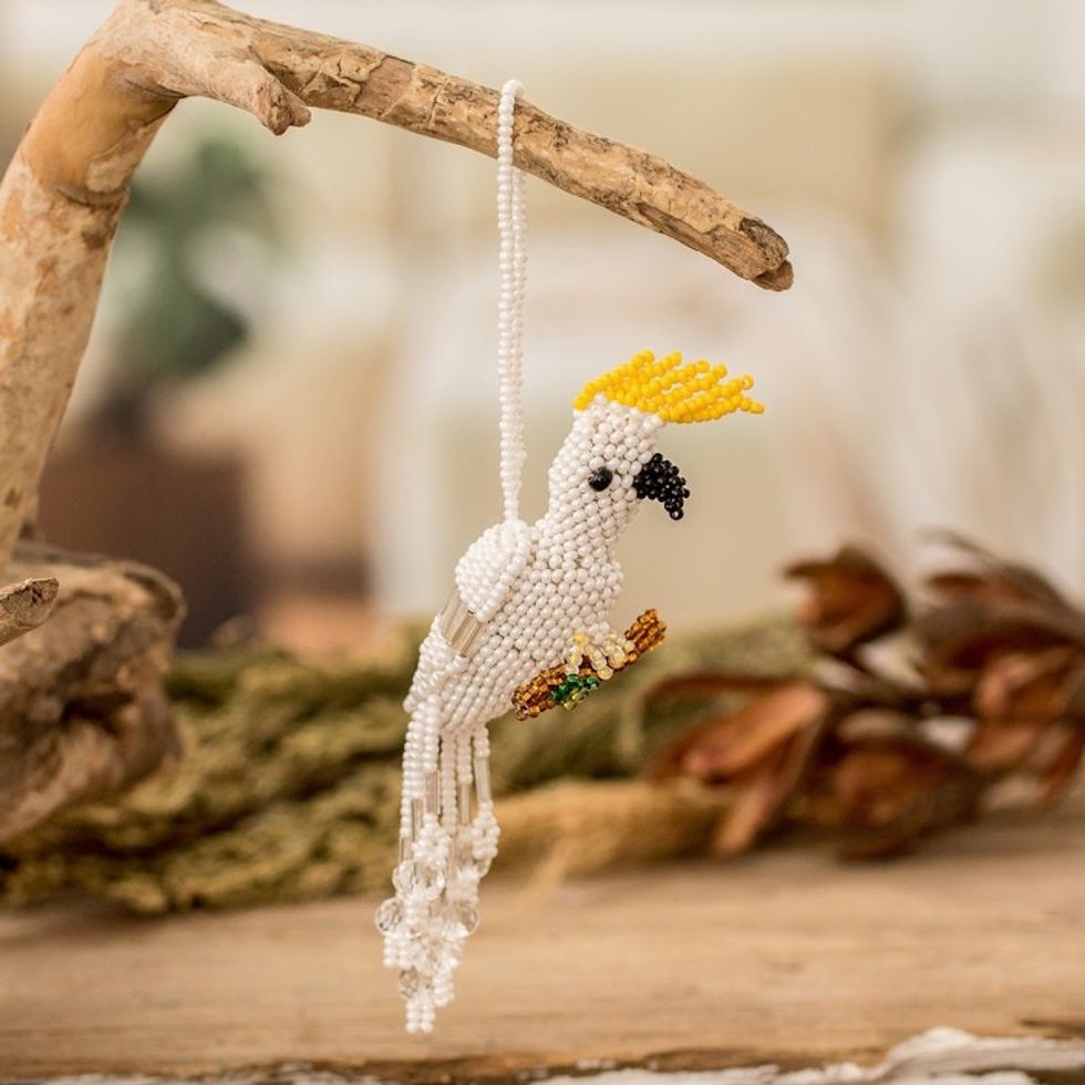 Crystal and Glass Beaded White Cockatoo-Themed Ornament 'White Cockatoo'