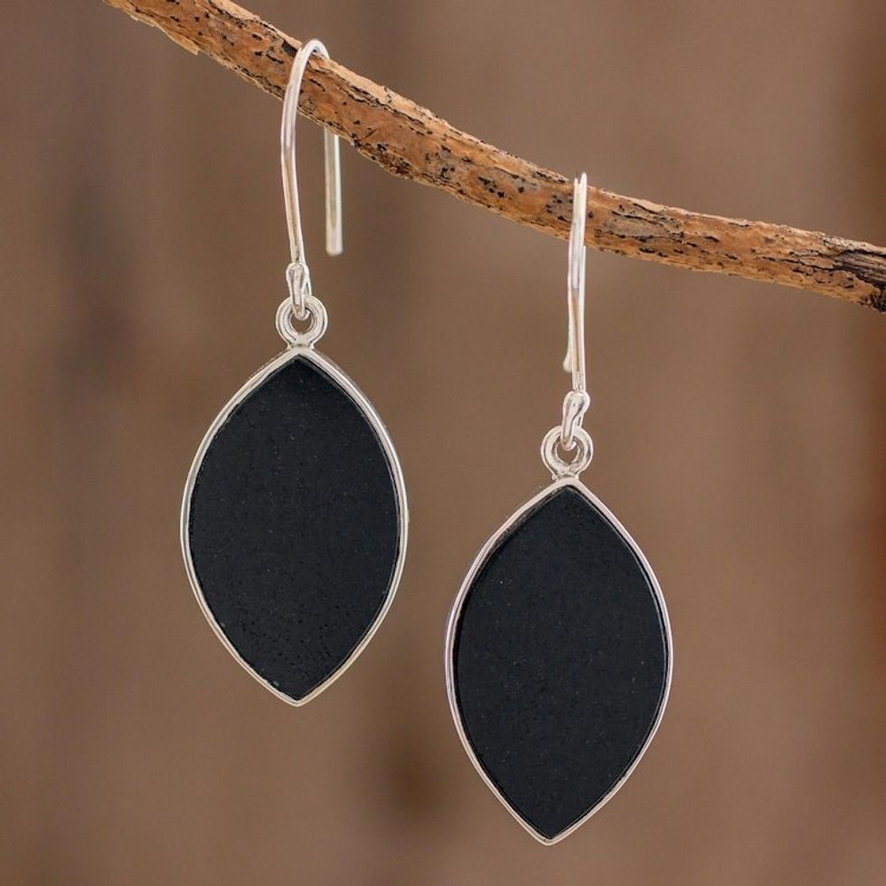 Reversible Black and Light Green Jade Dangle Earrings 'Ancient Leaves'