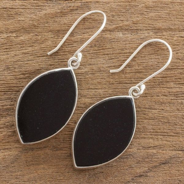 Alternate image for Reversible Black and Light Green Jade Dangle Earrings Ancient Leaves