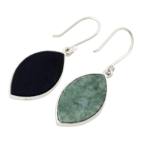 Alternate image for Reversible Black and Light Green Jade Dangle Earrings Ancient Leaves