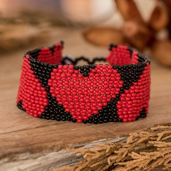 Alternate image for Handcrafted Black Red Beaded Heart-Themed Wristband Bracelet Red Empress of Love