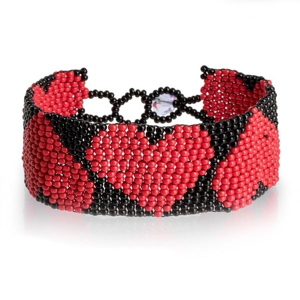 Alternate image for Handcrafted Black Red Beaded Heart-Themed Wristband Bracelet Red Empress of Love
