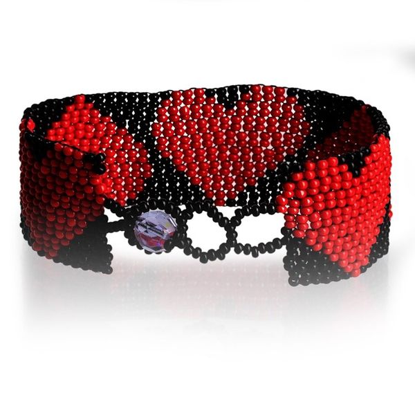 Alternate image for Handcrafted Black Red Beaded Heart-Themed Wristband Bracelet Red Empress of Love