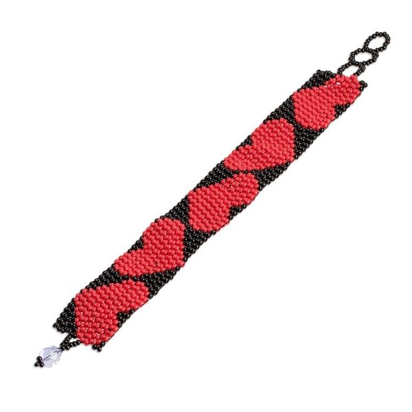 Alternate image for Handcrafted Black Red Beaded Heart-Themed Wristband Bracelet Red Empress of Love