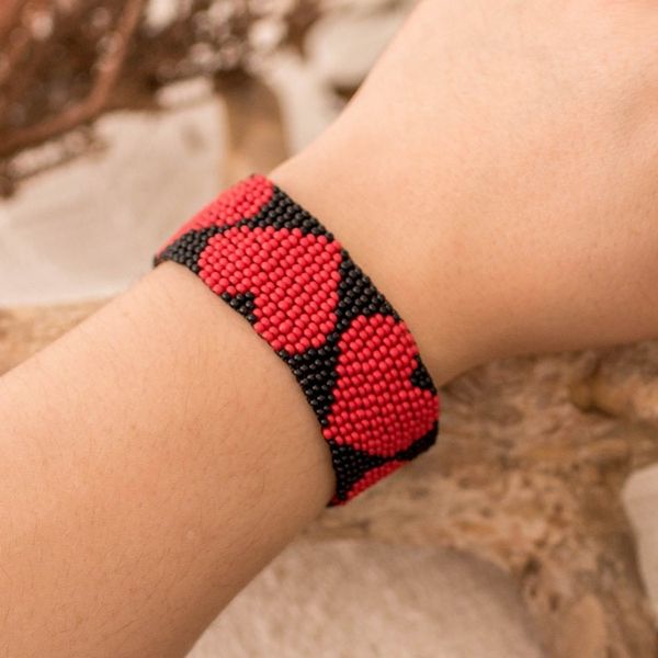 Alternate image for Handcrafted Black Red Beaded Heart-Themed Wristband Bracelet Red Empress of Love