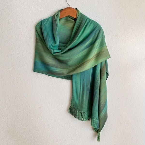Alternate image for Green and Turquoise Hand Woven Rayon Shawl Peaceful