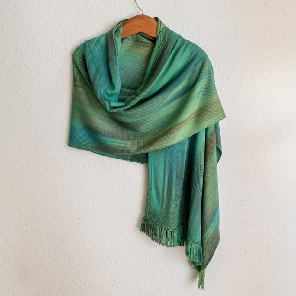 Green and Turquoise Hand Woven Rayon Shawl 'Peaceful'
