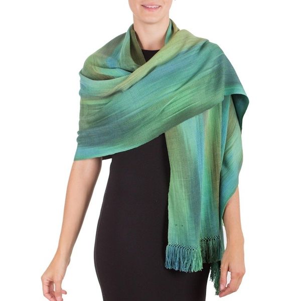 Alternate image for Green and Turquoise Hand Woven Rayon Shawl Peaceful