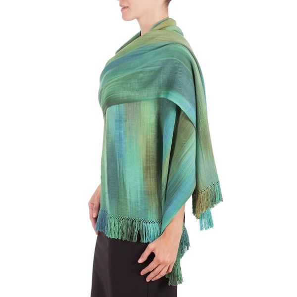 Alternate image for Green and Turquoise Hand Woven Rayon Shawl Peaceful