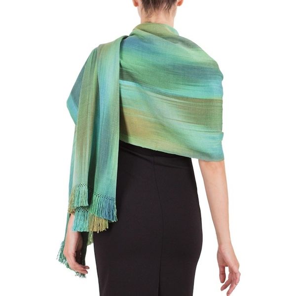 Alternate image for Green and Turquoise Hand Woven Rayon Shawl Peaceful