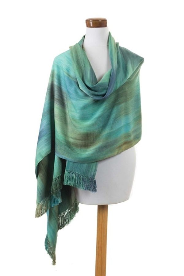Alternate image for Green and Turquoise Hand Woven Rayon Shawl Peaceful