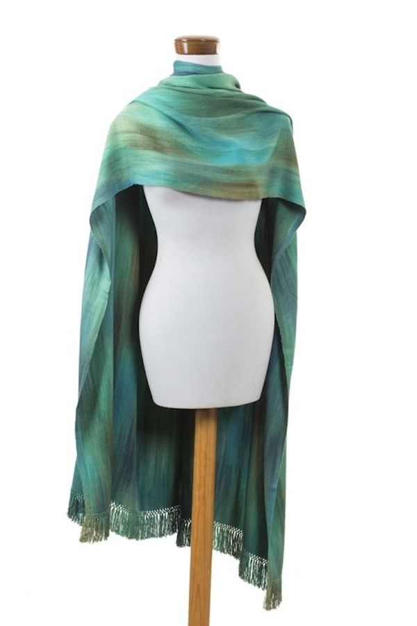 Alternate image for Green and Turquoise Hand Woven Rayon Shawl Peaceful