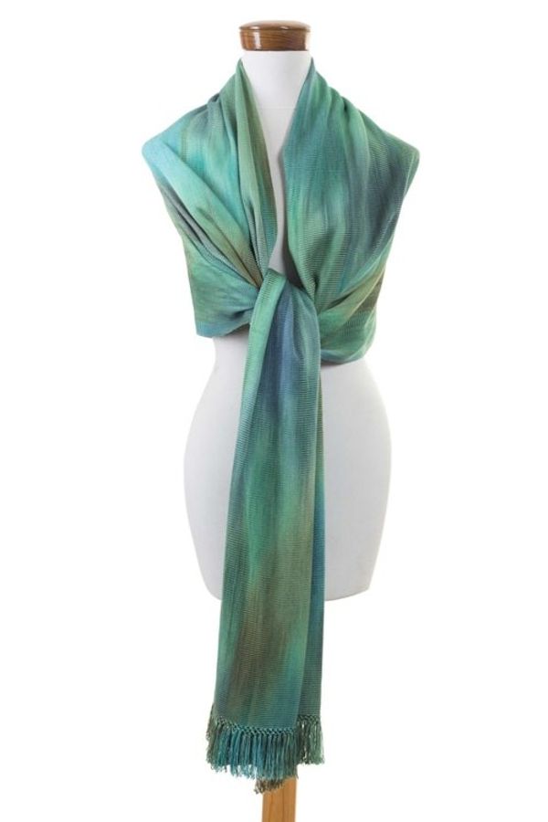 Alternate image for Green and Turquoise Hand Woven Rayon Shawl Peaceful