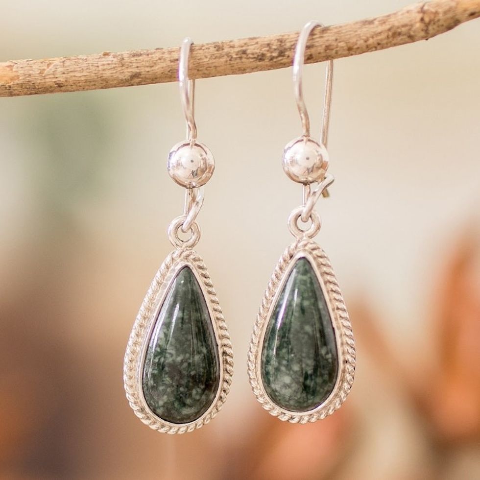 Sterling Silver Dark Green Jade Drop-Shaped Dangle Earrings 'Dark Green Sacred Quetzal'