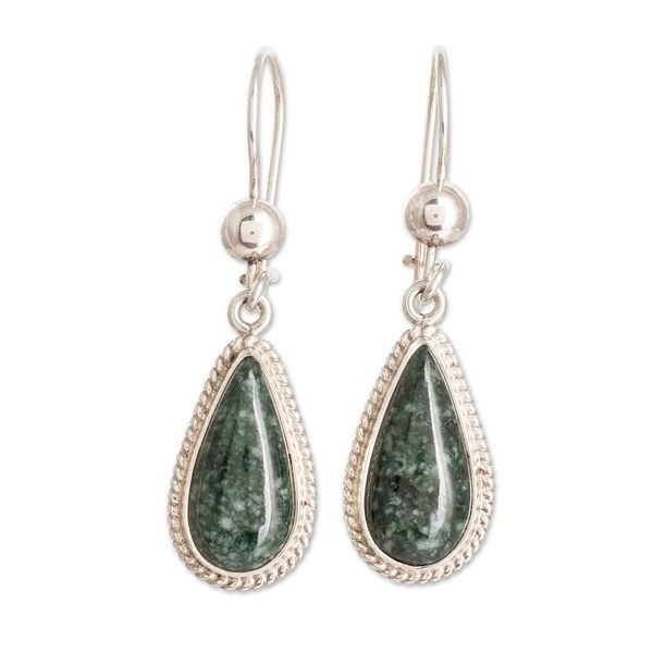 Alternate image for Sterling Silver Dark Green Jade Drop-Shaped Dangle Earrings Dark Green Sacred Quetzal