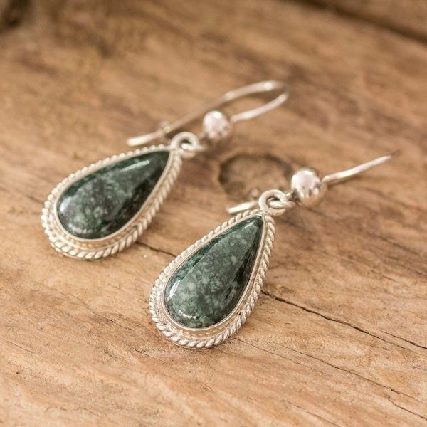 Alternate image for Sterling Silver Dark Green Jade Drop-Shaped Dangle Earrings Dark Green Sacred Quetzal