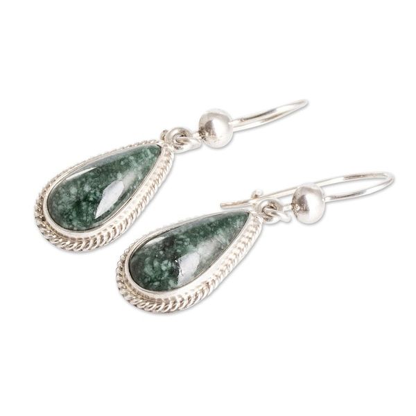 Alternate image for Sterling Silver Dark Green Jade Drop-Shaped Dangle Earrings Dark Green Sacred Quetzal