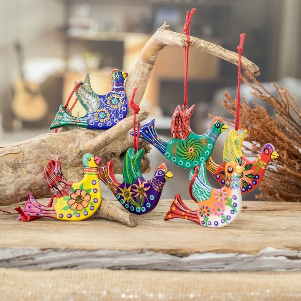 Festive Hand-Painted Ceramic Dove Ornaments Set of 6 'Festive Doves'