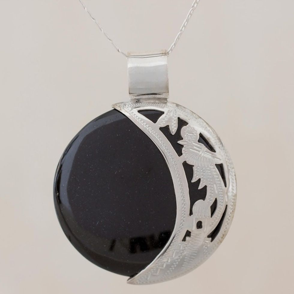 Sun and Moon Sterling Silver Pendant Jade Necklace 'Quetzal Eclipse'