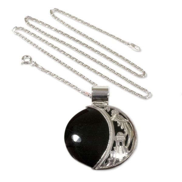 Alternate image for Sun and Moon Sterling Silver Pendant Jade Necklace Quetzal Eclipse