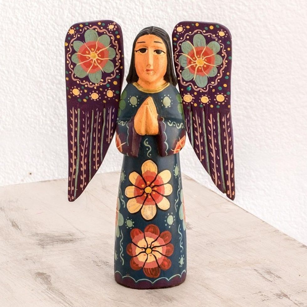 Floral Wood Praying Angel Sculpture from Guatemala 'Humble Prayer'