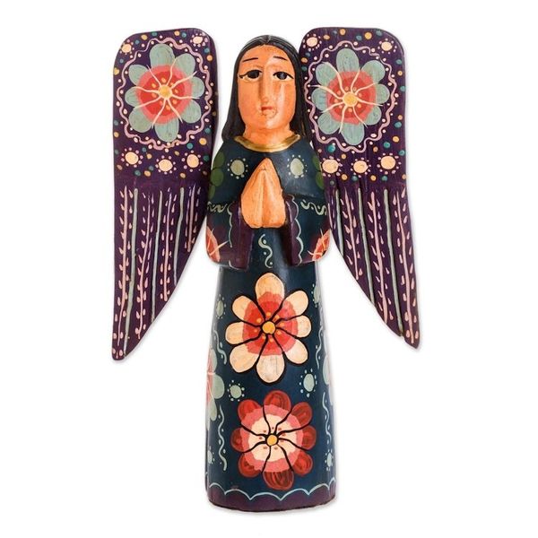 Alternate image for Floral Wood Praying Angel Sculpture from Guatemala Humble Prayer
