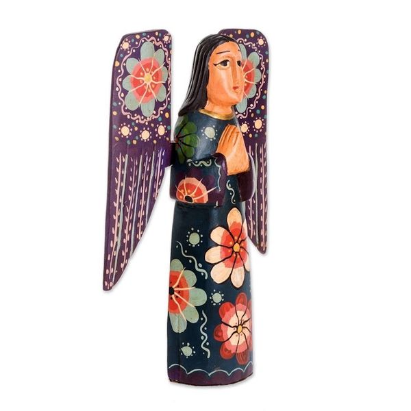 Alternate image for Floral Wood Praying Angel Sculpture from Guatemala Humble Prayer